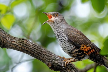 A stunning close-up of a common cuckoo calling from a tree branch, with its mouth open.