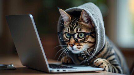 A cat with glasses and a hood behind a laptop