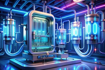 Obraz premium A futuristic medical device pulses with life, comprised of fluidic tubes, sleek panels, and intricate circuits, radiating innovation and technological advancement in healthcare.