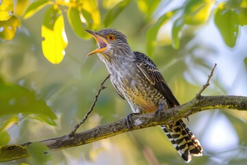 A stunning close-up of a common cuckoo calling from a tree branch, with its mouth open.
