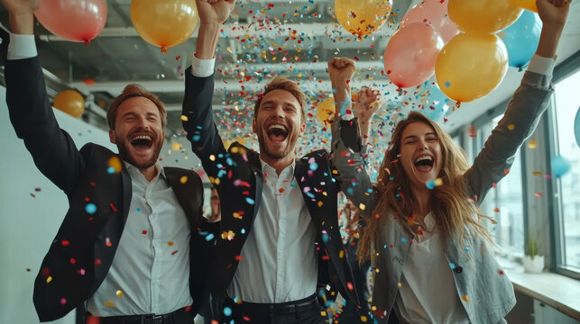 Joyful celebration indoors with balloons and confetti at a festive gathering during daytime in a bright atmosphere