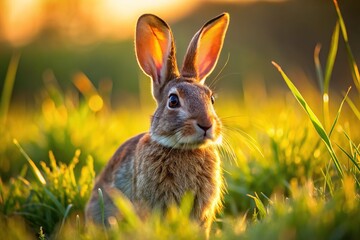 Fototapeta premium A gentle brown wild rabbit snacks on grassy bites while its long ears twitch, illuminated by the warm glow of sunlight filtering through field blades.