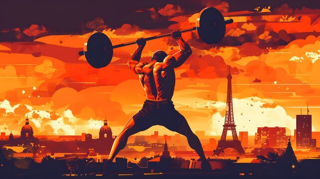 A weightlifter competing, with a Paris skyline, depicted in refined vector style.