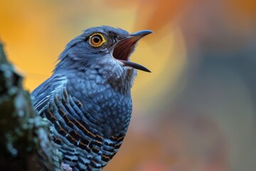 A stunning close-up of a common cuckoo calling from a tree branch, with its mouth open.