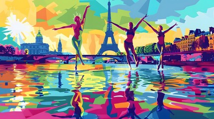 A synchronized swimming team performing a routine, with the Seine and Paris landmarks, rendered in vibrant vector graphics.