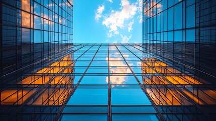 Modern office building with blue sky and glass facades, ideal for business presentations or financial services marketing, with copy space.