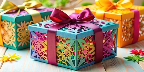 A gift box is transformed with vibrant wrapping paper, ribbons, and 3D paper cutouts, presenting a stunning and elaborate display for a memorable occasion.