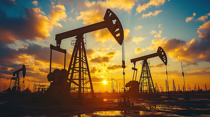 Naklejka premium Oil derricks and oil pumpjacks against a sunset sky background