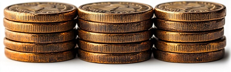 A stack of shiny coins isolated on a white background, ideal for business finance concepts, investment promotions, and economic growth materials.