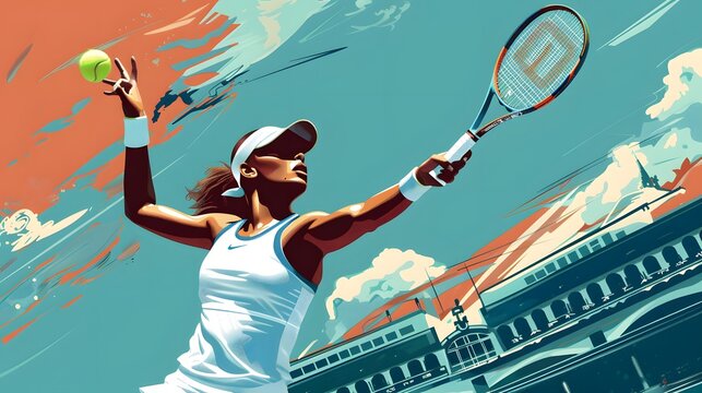 A tennis player serving, with a Paris stadium as the backdrop, illustrated in sharp vector art.