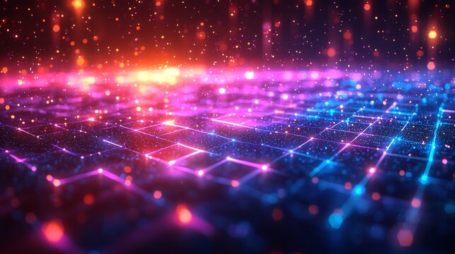 Digital business background featuring cyan blue and purple neon grids, perfect for tech presentations, virtual reality events, and futuristic themes in Business.