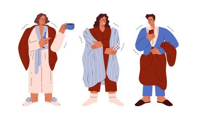 A set of vector illustrations depicting people wrapped in blankets.