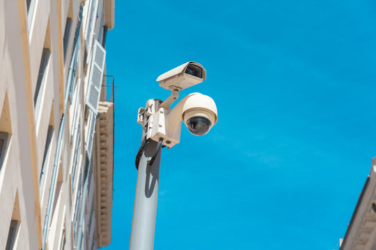 Surveillance cameras in the old city of Marseille, France, nobody