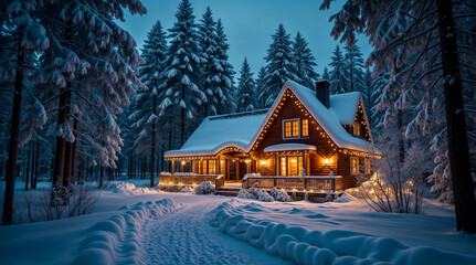 cozy house in winter forest decorated with Christmas decor. Generative AI