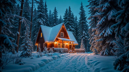 cozy house in winter forest decorated with Christmas decor. Generative AI