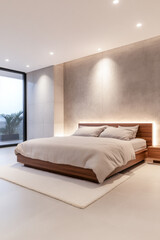 Fototapeta premium Elegant bedroom interior design with led lighting and soft tones