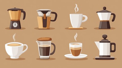 Obraz premium Artistic set of vector coffee machines and coffee drinks isolated on brown background,hand-drawn vector,coffee cups and coffee beans,modern flat design,Fashionable and cute coffee motif concept.