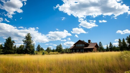 A beautiful home in Colorado, surrounded by tall grass and trees with blue skies overhead