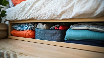A compact emergency kit being stored under a bed, ready for quick access in case of a sudden evacuation or disaster.