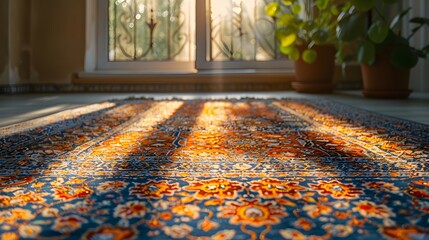 Sunlight Streaking Across a Persian Rug. A Persian rug with intricate designs lays on the floor with sunlight streaming through a window. The light creates warm, golden rays across the rug.
