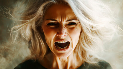 Angry woman shouting with open mouth and windblown hair