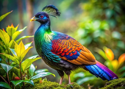 A Himalayan monal pheasant stands amidst greenery, its plumage radiant with blue, gold, and crimson hues, exuding natural beauty.