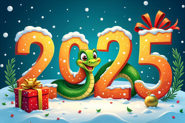 Naklejka premium Large, stylized number 2025 with a red bow, and green snake. Near the snake, there's a gift box and Christmas ornament.