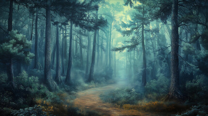 Obraz premium Mysterious Forest Path Shrouded in Mist and Surrounded by Tall Trees