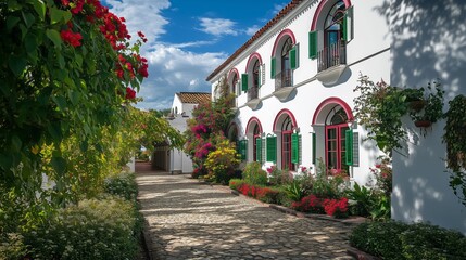 Naklejka premium A stunning white building with arched windows is surrounded by vibrant flowers and a blue sky.