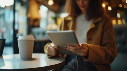 A remote worker using a tablet to purchase insurance while working in a co-working space.