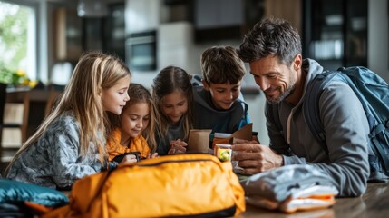 Obraz premium A family practicing emergency drills, with their emergency kit prominently displayed, emphasizing preparedness and readiness.