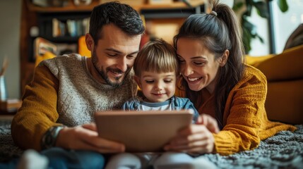 Fototapeta premium A family using a tablet to organize a virtual storytime, fostering connection and routine in a blended family environment.