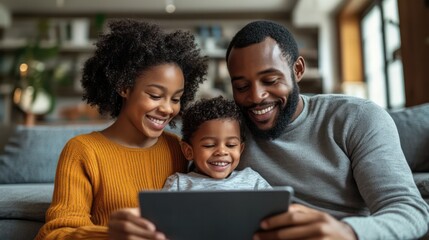 A family using a tablet to organize a virtual storytime, fostering connection and routine in a blended family environment.