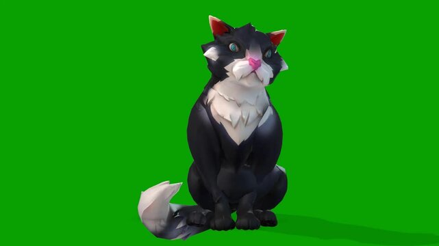 A Cute Black Cat Calling Scene on green Scene -3D Rendering Animation