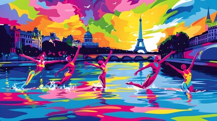 A synchronized swimming team in action, with the Seine and Paris landmarks, captured in vibrant vector graphics.