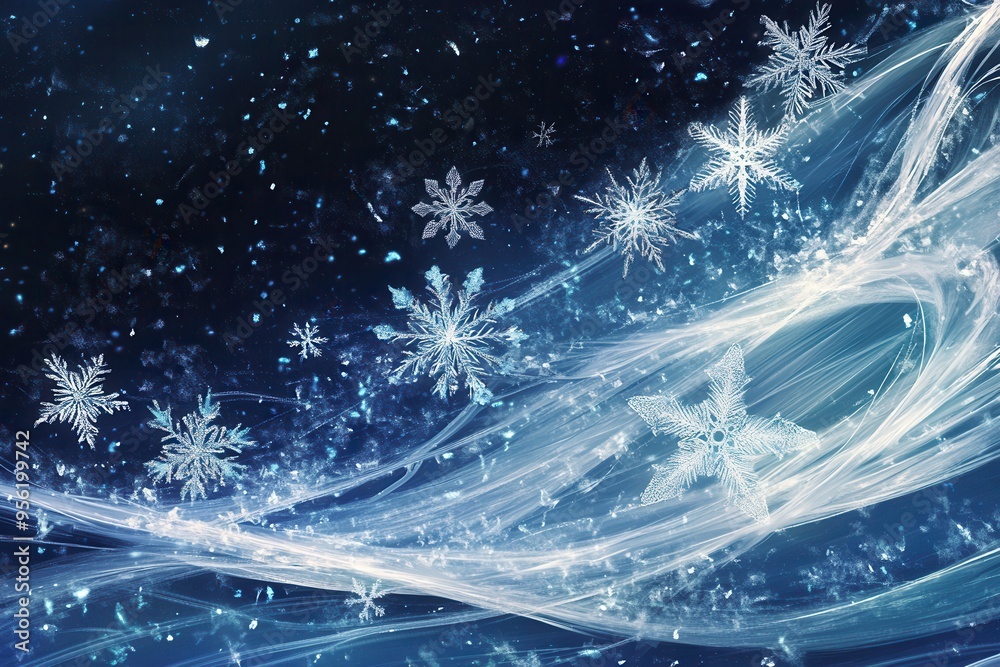 Poster intricate snowflakes float among soft, swirling lines, capturing the essence of a tranquil winter sc