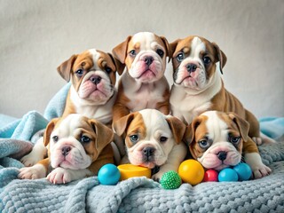 A litter of playful English bulldog-Pitbull mix puppies squirm together on a soft blanket, their sweet faces and sturdy builds adorably entwined in a snuggle-filled tangle.