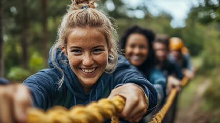 Fototapeta premium A group of employees participating in an outdoor team-building activity, working together to solve challenges and build camaraderie.