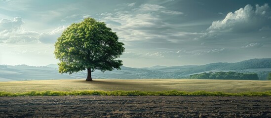 Lonely tree standing alone in an empty rural field with a vast expanse of beauty around it perfect for a copy space image