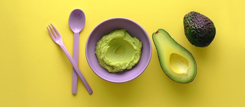 A halved Chilean Hass avocado with pit mashed avocado in a soft purple bowl utensils peel set on a yellow backdrop with room around for text or images. with copyspace image