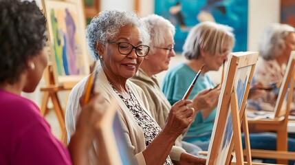 A diverse group of older adults painting on easels in an art class