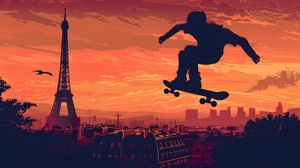 A skateboarder performing tricks, with the Eiffel Tower visible, illustrated in modern vector art.