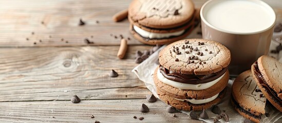 Fototapeta premium Close up of delectable sandwich cookies and milk on a light wooden table allowing for text in the copy space image