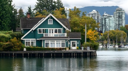 Obraz premium a green Craftsman-style house with white trim, on the water in Vancouver's Wharf, British Columbia