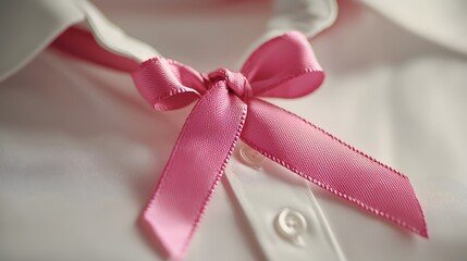 A Delicate Pink Ribbon Adorning a Crisp White Shirt, Symbolizing Elegance and Charm. Breast Cancer Awareness Concept. Breast Cancer Awareness Concept