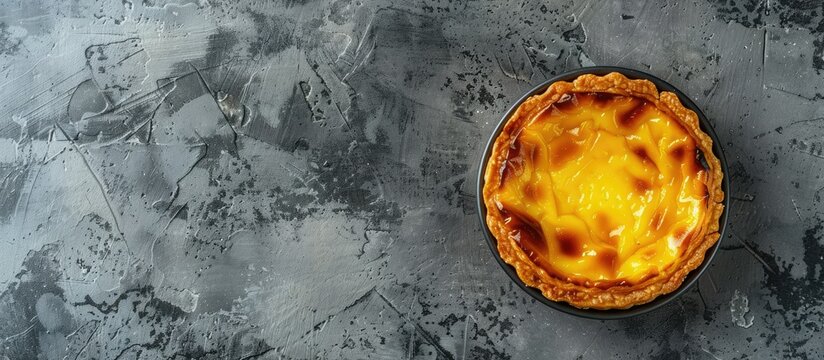 Traditional Portuguese egg custard tart known as pastel de nata displayed in a top view on a gray background with copy space image