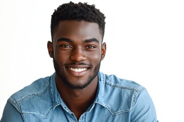 Obraz premium Close up portrait of a smiling young african american man in a denim shirt against white background