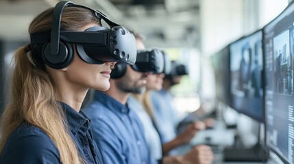 A group of professionals using a virtual reality setup to explore new collaboration methods in a cutting-edge tech environment.