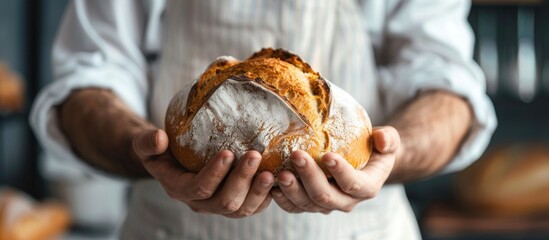 The baker holding freshly baked bread with a blank background for text or graphics in the image. with copyspace image