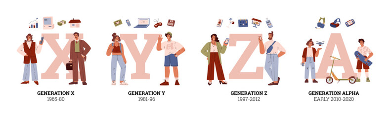 People generations typographic vector set, cartoon human characters and symbols of X, Y millennials, Z alpha development
